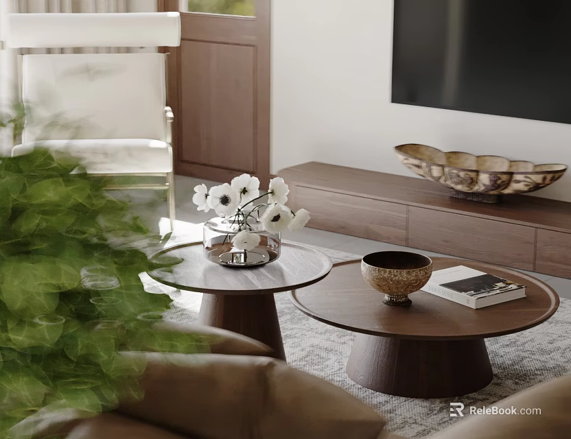 Modern Living Room Interior Sofa And Coffee Table Set With Green Plant White Flowers 3d model 