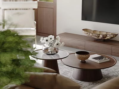 Modern Living Room Interior Sofa And Coffee Table Set With Green Plant White Flowers 3d model