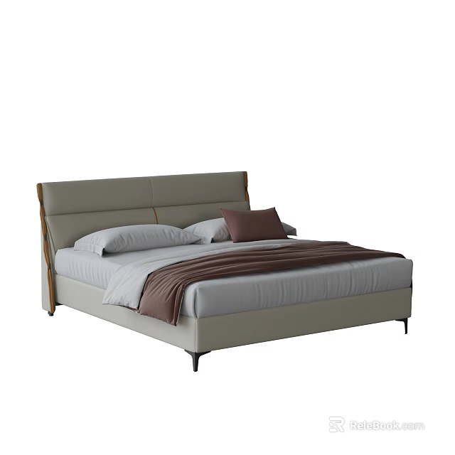 Double Bed With Upholstered Headboard White Sheets Brown Blanket and Pillows 3d model