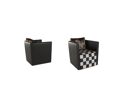 Black Accent Chair With Patterned Cushions And Black White Checkered Base Design 3d model