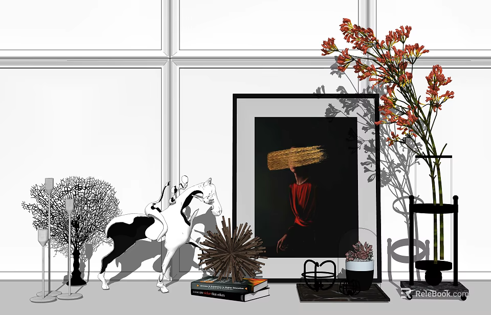 Modern Decorative Ornament Set With Framed Art Horse Figurine Red Flowers And Stacked Books 3d model 