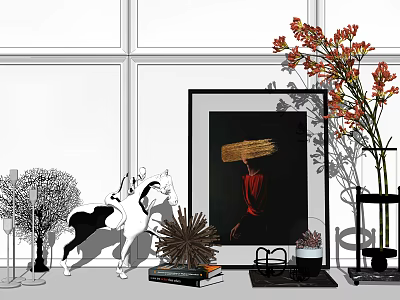 Modern Decorative Ornament Set With Framed Art Horse Figurine Red Flowers And Stacked Books 3d model
