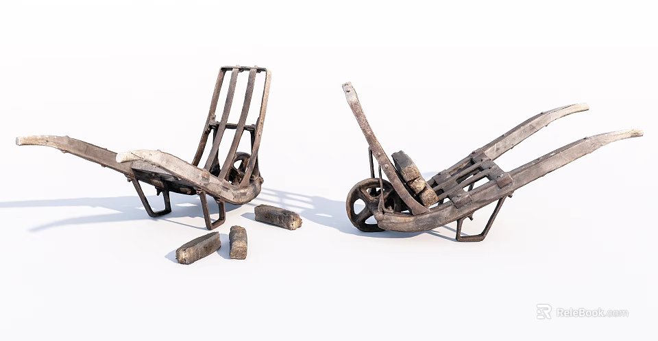 Weathered Vintage Wheelbarrows With Scattered Wooden Pieces And Metal Frames 3d model 