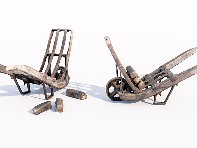 Weathered Vintage Wheelbarrows With Scattered Wooden Pieces And Metal Frames 3d model