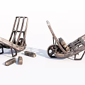 Weathered Vintage Wheelbarrows With Scattered Wooden Pieces And Metal Frames