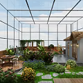 Garden Landscape in Glasshouse Featuring Small House Pond Lush Plants Wooden Deck and Seating Area