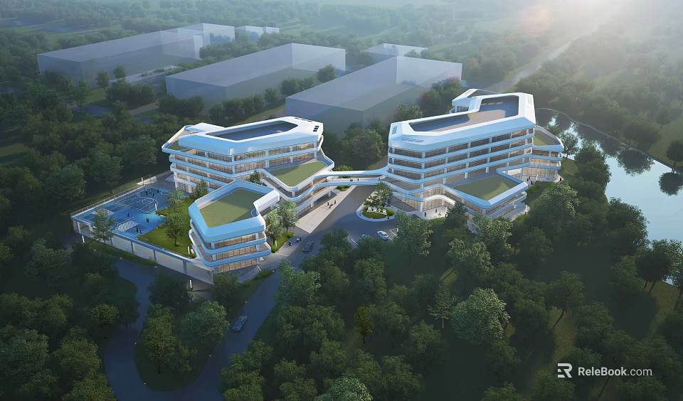Modern Office Building With Contemporary Architecture Surrounded By Trees And Green Roof Design 3d model 