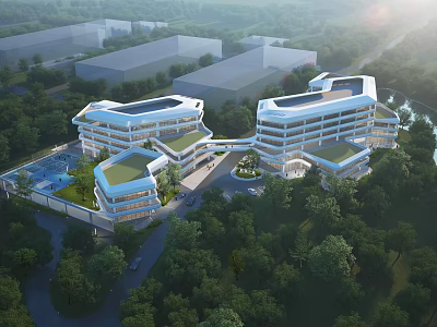 Modern Office Building With Contemporary Architecture Surrounded By Trees And Green Roof Design 3d model