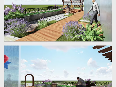 Serene Garden Landscape with Lavender Plants Wooden Walkway Pergola and People Enjoying the View 3d model