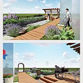 Serene Garden Landscape with Lavender Plants Wooden Walkway Pergola and People Enjoying the View