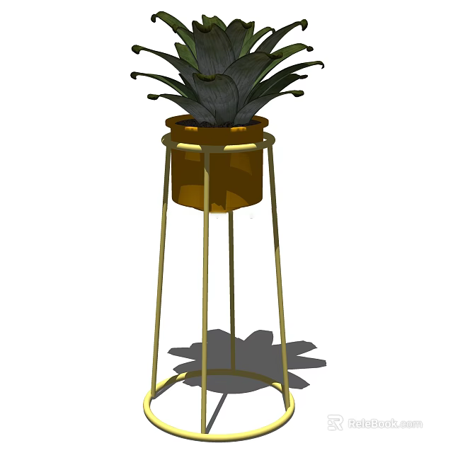 Potted Plant With Large Leaves On Golden Metal Stand For Interior Decor 3d model 