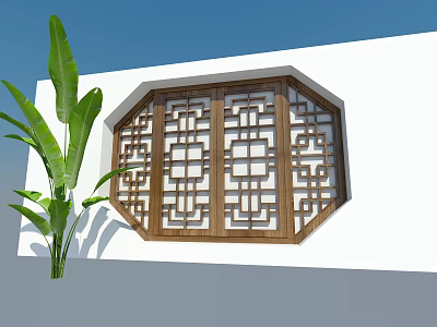 Traditional Wooden Lattice Window With Intricate Patterns And Green Plant By White Wall 3d model