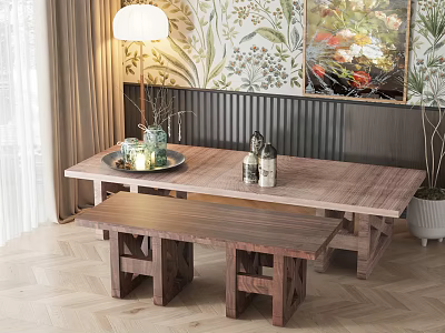 Natural Wooden Dining Table And Bench Set With Floral Wallpaper And Floor Lamp 3d model