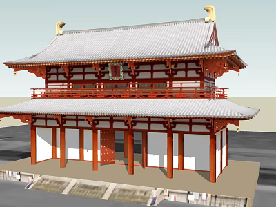 Traditional Ancient Architecture Two story Wooden Structure With Red Pillars Gray Roof And Golden Decorations 3d model