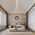 Elegant Modern Bedroom Interior With Upholstered Headboard Round Mirror Wall Sconces And White Curtains