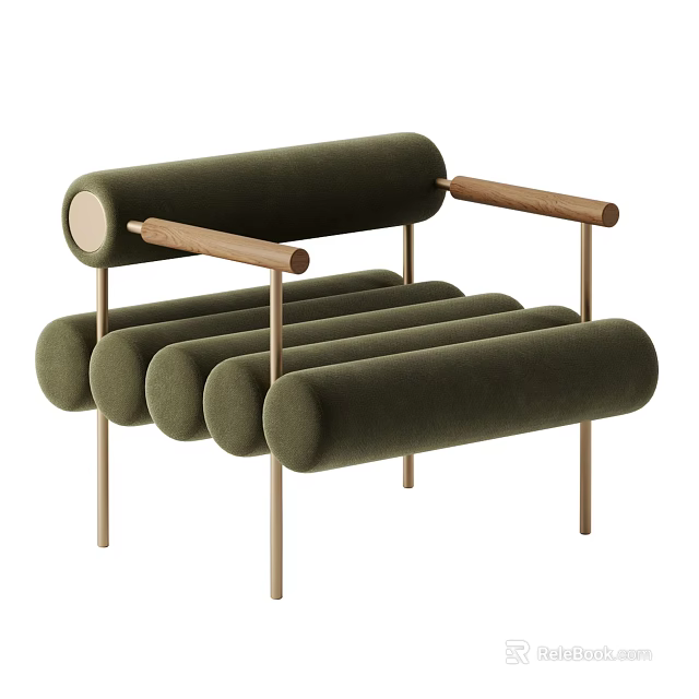 Dark Green Velvet Single Seater Sofa With Wooden Arms And Metal Legs 3d model 