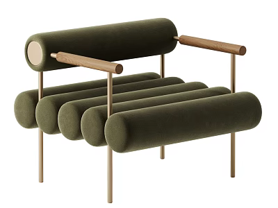 Dark Green Velvet Single Seater Sofa With Wooden Arms And Metal Legs 3d model
