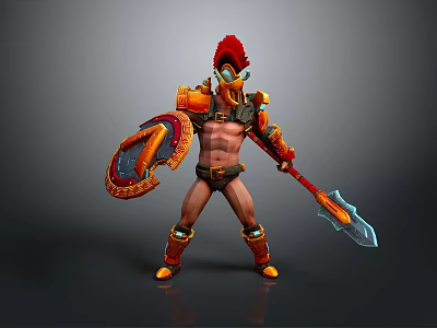 Orange Armored Fantasy Warrior Character With Red Helmet Decorative Shield And Blue Spear 3d model