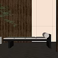 Modern Bench with White Cushion Black Frame in Contemporary Interior with Wooden Wall Green Plant