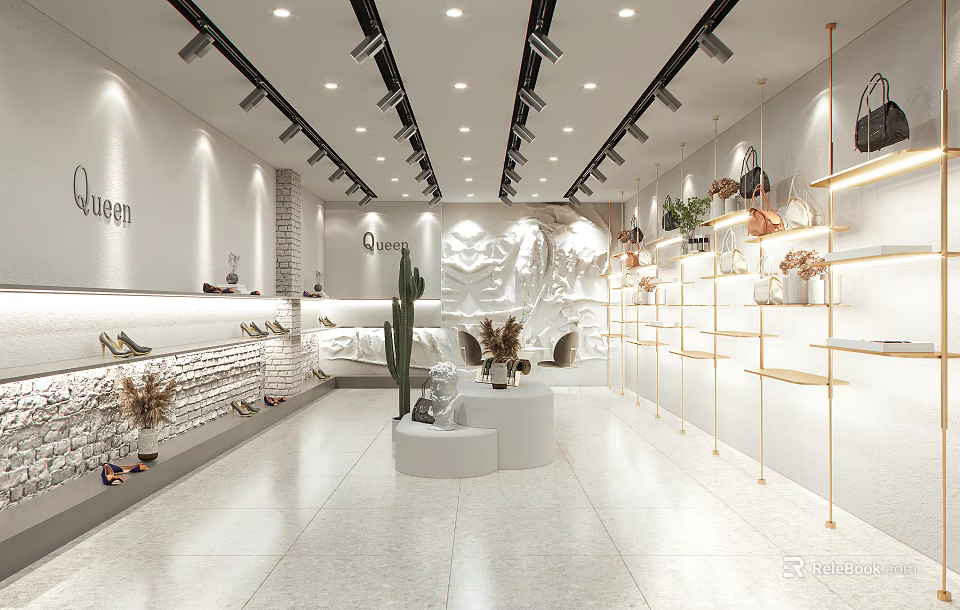 Queena Store Interior With White Walls Golden Shelves Cactus Sofas Shoes And Bags 3d model 