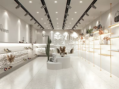 Queena Store Interior With White Walls Golden Shelves Cactus Sofas Shoes And Bags 3d model