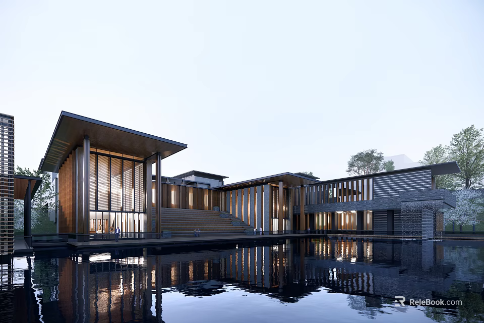 Modern Sales Office Building With Glass Curtain Wall And Wooden Structure Water Reflection 3d model 