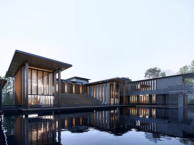 Modern Sales Office Building With Glass Curtain Wall And Wooden Structure Water Reflection 3d model
