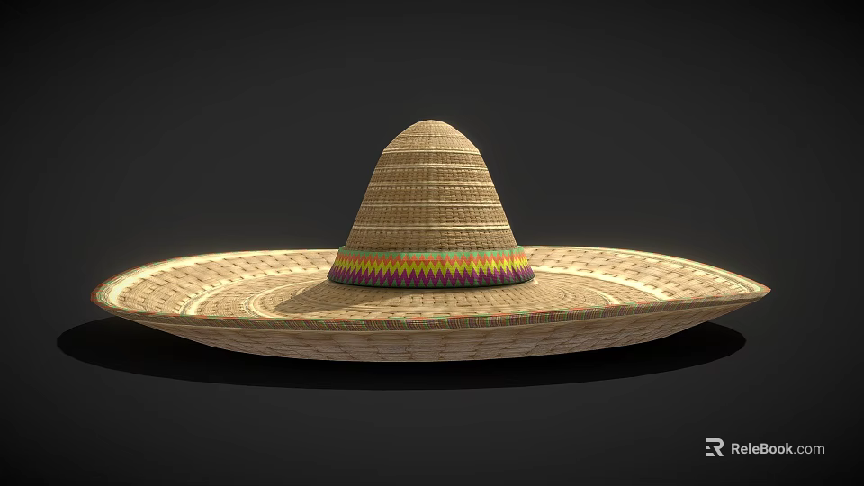 Traditional Wide Brim Straw Hat With Woven Texture And Colorful Band 3d model 