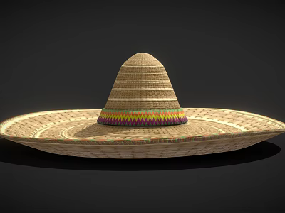 Traditional Wide Brim Straw Hat With Woven Texture And Colorful Band 3d model