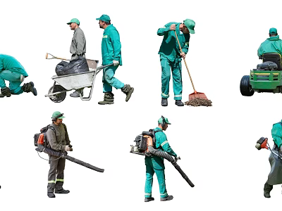Workers In Green Uniforms Sweeping Pushing Wheelbarrow Using Leaf Blower And Mowing Lawn 3d model