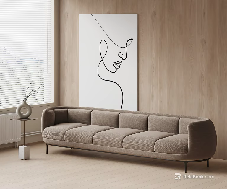 Modern Sectional Sofa In Bright Room With Wooden Wall And Abstract Line Art Painting 3d model 