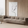 Modern Sectional Sofa In Bright Room With Wooden Wall And Abstract Line Art Painting