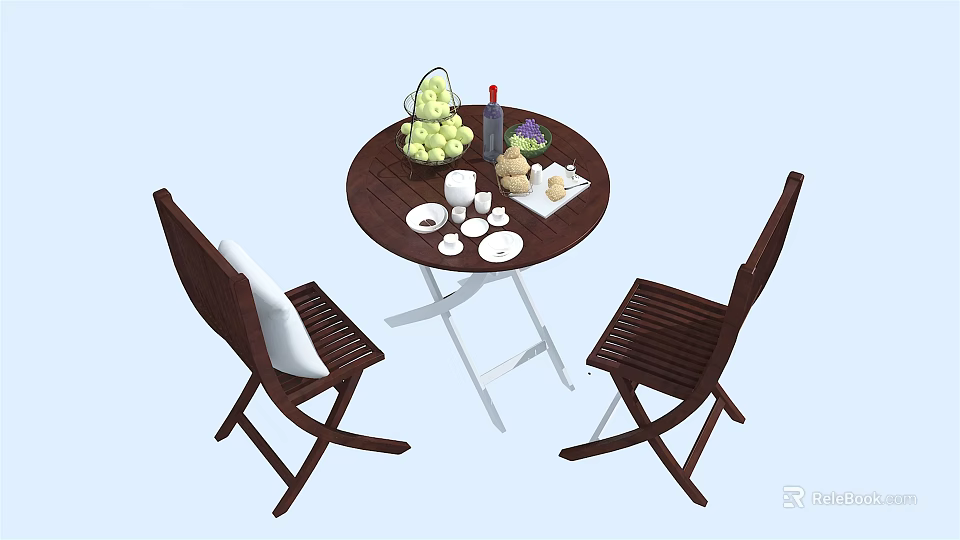 Round Wooden Table And Chair Set With Fruit Plates Cups And Bottle 3d model 