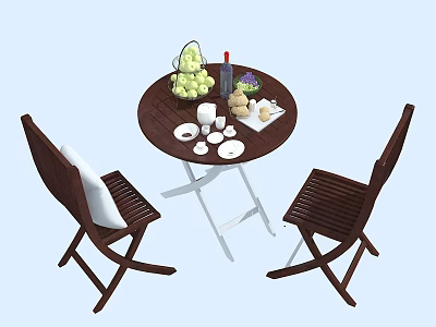 Round Wooden Table And Chair Set With Fruit Plates Cups And Bottle 3d model