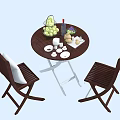 Round Wooden Table And Chair Set With Fruit Plates Cups And Bottle