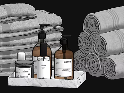 Bathroom Accessories Set With Stacked Rolled Towels Luxe Labeled Bottles And Marble Tray 3d model