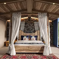 Hotel Room Featuring Wooden Ceiling White Canopy Bed Mountain View Brown Sofa And Colorful Rug