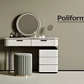 Poliform Modern Dressing Table With Round Mirror Grey Stool And Drawers 3d model