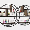Modern Round Wine Cabinet With Black Frame Multiple Shelves Wine Bottles And Glasses