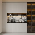 Modern Light Gray Sideboard With Marble Backsplash Glass Door Shelves Coffee Machine And Tableware