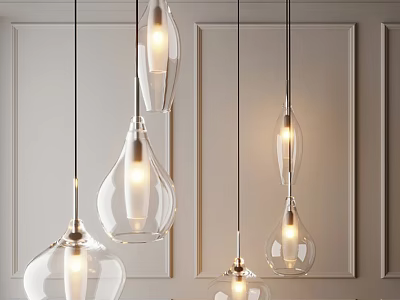 Multiple Illuminated Glass Pendant Lights Hanging In Modern Interior With Neutral Wall Background 3d model