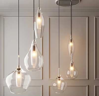 Multiple Illuminated Glass Pendant Lights Hanging In Modern Interior With Neutral Wall Background 3d model