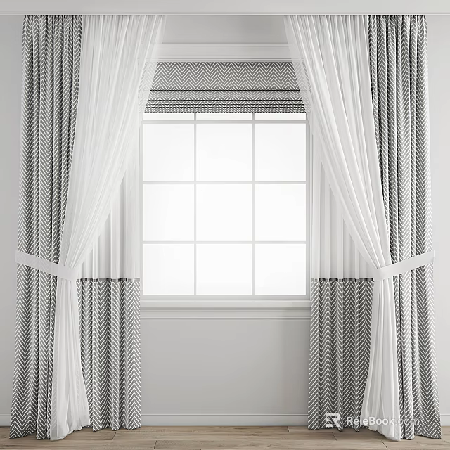 Modern Window Curtains With Black White Chevron Pattern Sheer Panels And Valance 3d model