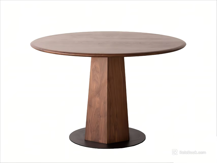 Round Solid Wooden Dining Table With Conical Leg And Black Base Design 3d model