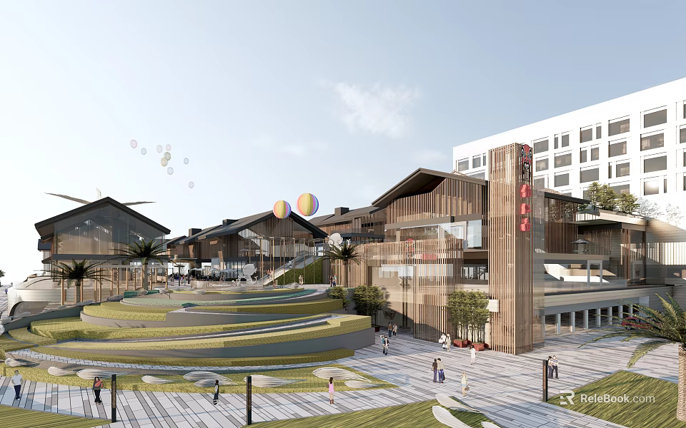 Traditional And Modern Commercial Street With Plaza Steps Greenery Colorful Balloons And Pedestrians 3d model 