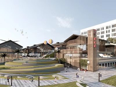 Traditional And Modern Commercial Street With Plaza Steps Greenery Colorful Balloons And Pedestrians 3d model