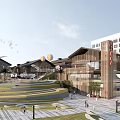 Traditional And Modern Commercial Street With Plaza Steps Greenery Colorful Balloons And Pedestrians