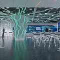 Futuristic Tech Interior With Glowing Green Line Structure Ceiling Circuit Patterns And Geometric Floor 3d model
