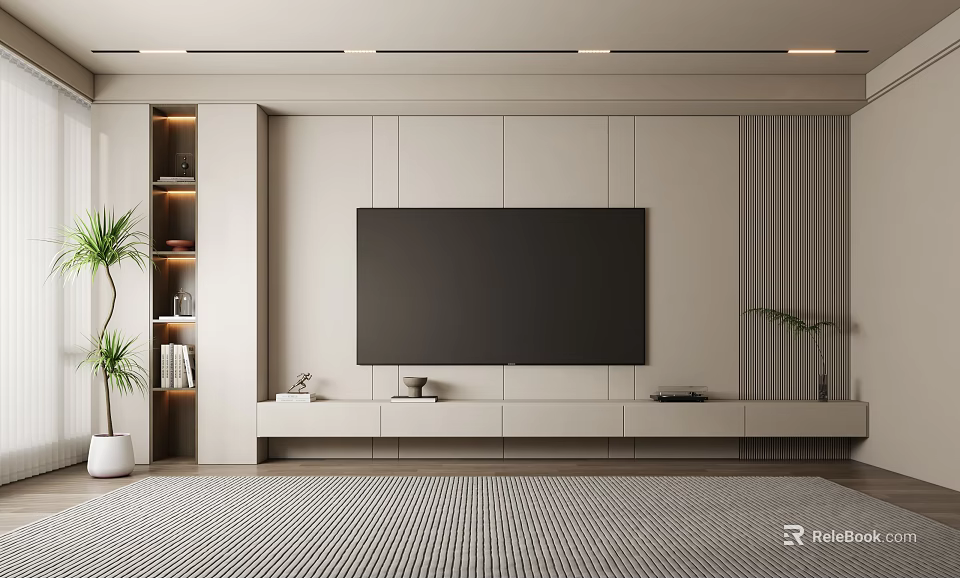 Minimalist TV Wall Design With Storage And Green Plants 3d model 