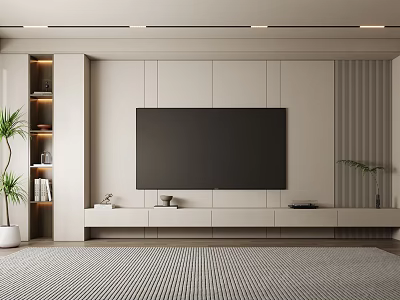 Minimalist TV Wall Design With Storage And Green Plants 3d model